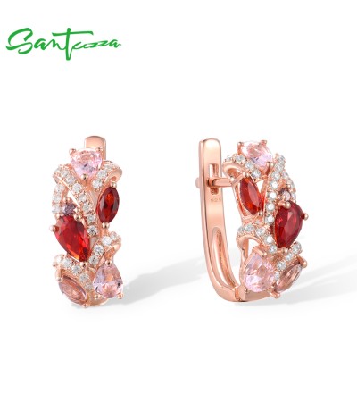SANTUZZA 925 Sterling Silver Earrings Red Pink Stones White CZ Earrings Jewelry