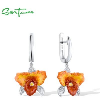 SANTUZZA 925 Sterling Silver Earrings Orange Orchid Enamel Flower Elegant Flower Jewelry