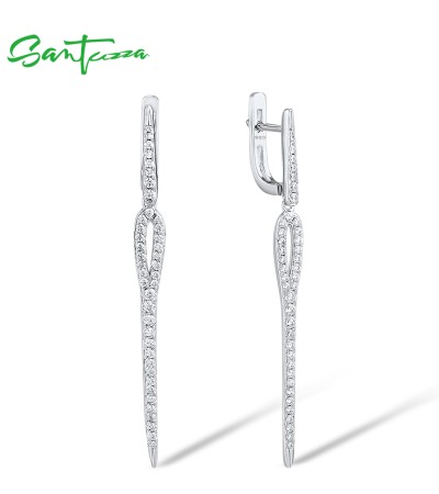 SANTUZZA Silver Earrings 925 Sterling Silver White Cubic Zirconia Long Dangling Earrings Jewelry