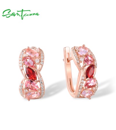 SANTUZZA 925 Sterling Silver Earrings Red Pink Stones White CZ Earrings Jewelry