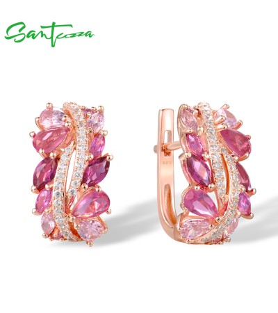 SANTUZZA 925 Sterling Silver Earrings Sparkling Red Pink Stones Fine Jewelry