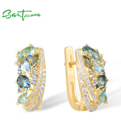 SANTUZZA 925 Sterling Silver Earrings Blue Stones White Cubic Zirconia Fine Jewelry