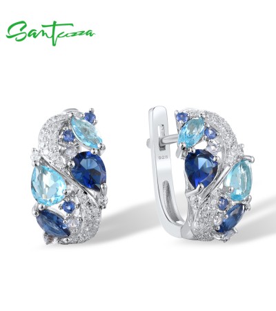 SANTUZZA 925 Sterling Silver Earrings Sparkling Blue Stones White Cubic Zirconia Jewelry