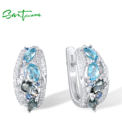 SANTUZZA 925 Sterling Silver Earrings Sparkling Blue Stones White Cubic Zirconia Fine Jewelry