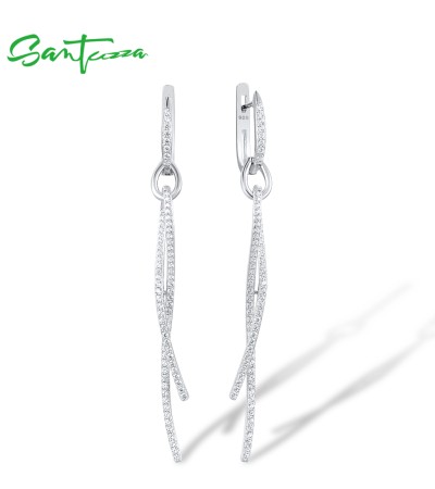 SANTUZZA Silver Earrings 925 Sterling Silver White Cubic Zirconia Long Dangling Earrings Delicate Jewelry