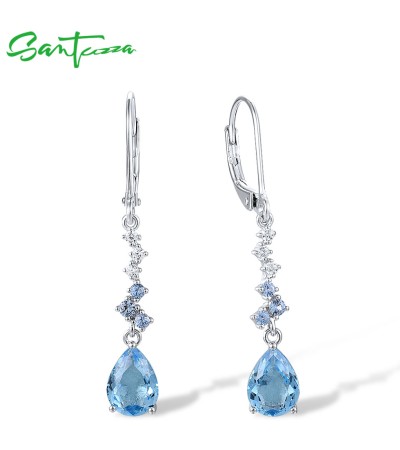 SANTUZZA 925 Sterling Silver Dangling Earrings Sparkling Blue Spinel White Cubic Zirconia Jewelry