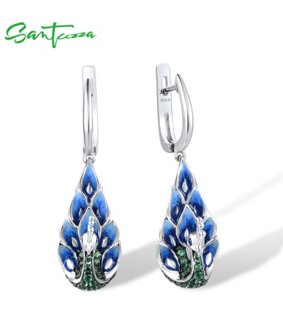SANTUZZA 925 Sterling Silver Earrings Blue Enamel Peacock Animal Drop Earrings Fine Jewelry 