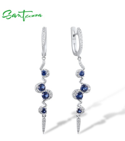 SANTUZZA Silver Earrings 925 Sterling Silver Blue White Cubic Zirconia Long Dangling Earrings Jewelry