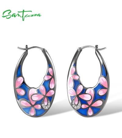 SANTUZZA 925 Sterling Silver Black Plated Pink Flower Hoop Earrings Enamel Brincos Jewelry