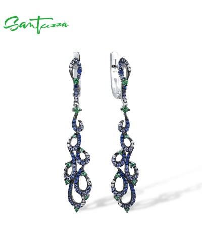 SANTUZZA 925 Sterling Silver Dangling Earrings Blue /Green Spinel Nano CZ Linear Fine Jewelry