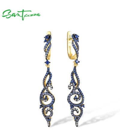 SANTUZZA 925 Sterling Silver Dangling Ombre Earrings Blue Spinel /Nano CZ Long Linear Fine Jewelry