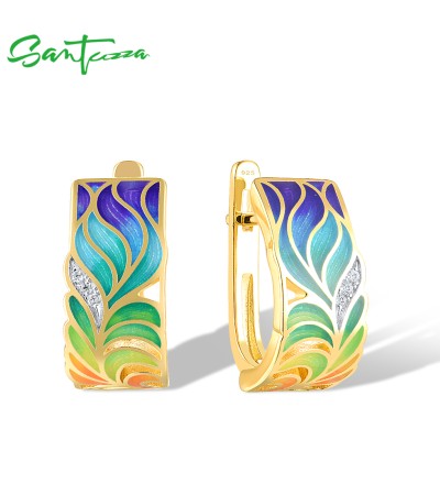 SANTUZZA 925 Sterling Silver Earrings White CZ Colorful Feather Enamel Jewelry