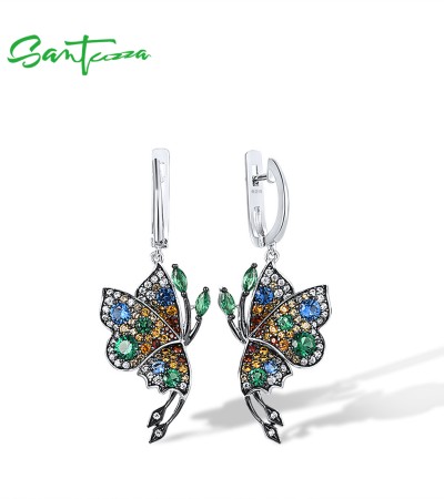 SANTUZZA 925 Sterling Silver Dangling Earrings Colorful Stones Butterfly Fine Jewelry