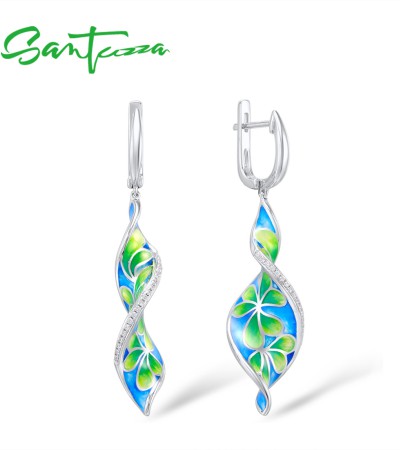 SANTUZZA Silver Earrings 925 Sterling Silver Long Colorful Flower Drop Earrings Jewelry Enamel - Green  Enamel