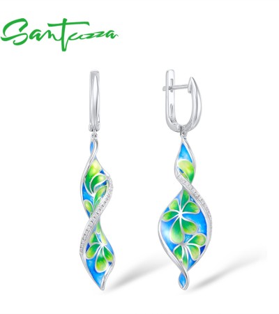 SANTUZZA Silver Earrings 925 Sterling Silver Long Colorful Flower Drop Earrings Jewelry Enamel - Blue  Enamel