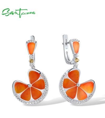 SANTUZZA 925 Sterling Silver Earrings For Women Sparkling Orange Enamel Leaf Fine Jewelry