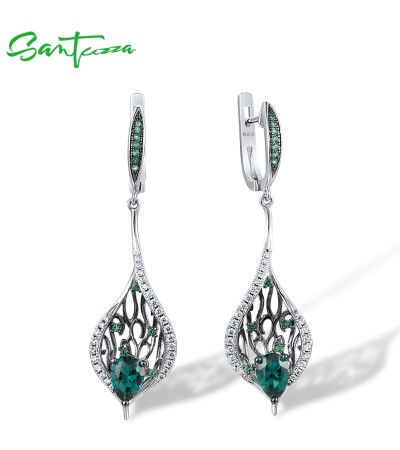 SANTUZZA 925 Sterling Silver Drop Earrings Green Spinel White CZ Leaves Plant Fine Jewelry