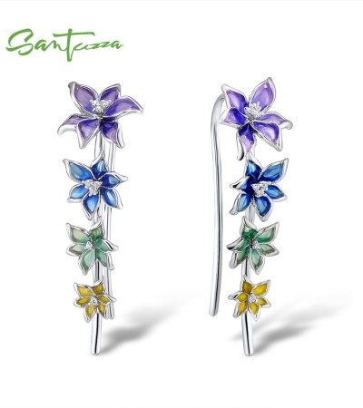 SANTUZZA Climber Earrings 925 Sterling Silver Black White Enamel Flower Jewelry