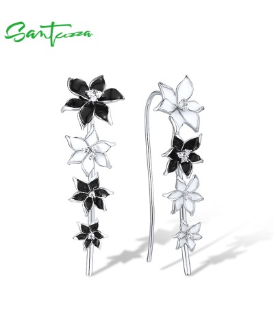 SANTUZZA Climber Earrings 925 Sterling Silver Black White Enamel Flower Jewelry