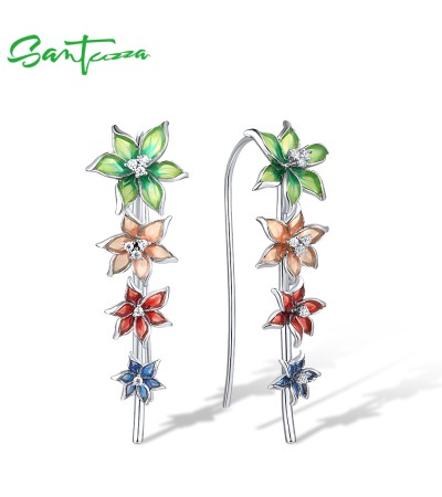 SANTUZZA Earrings 925 Sterling Silver Green Enamel Flower Climber Long Jewelry