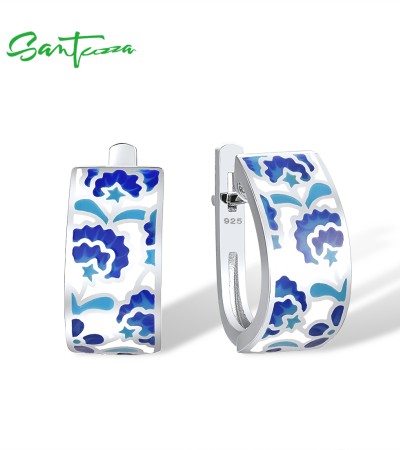 SANTUZZA 925 Sterling Silver Earrings Blue Flower Handmade Enamel Earrings Fine Jewelry