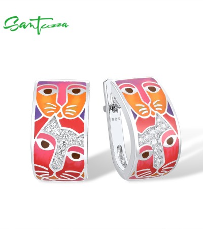 SANTUZZA 925 Sterling Silver Earrings For Women White CZ Colorful Cat Enamel серьги тренд Jewelry