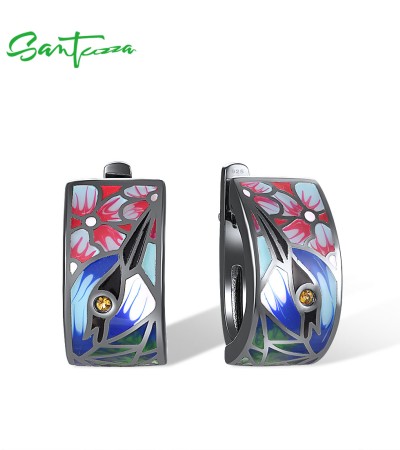 SANTUZZA 925 Sterling Silver Earrings Nightingale Bird Pink Flower Colorfull Enamel Jewelry