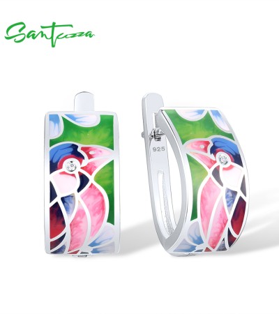 SANTUZZA 925 Sterling Silver Earrings White CZ Pink Bird Enamel Earrings Jewelry Handmade