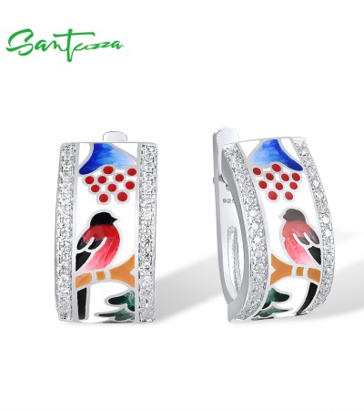 SANTUZZA 925 Sterling Silver Earrings White Cubic Zirconia Red Bird Enamel Earrings Jewelry