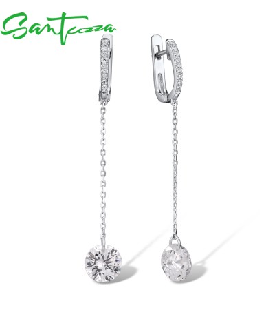SANTUZZA 925 Sterling Silver Earrings White Cubic Zirconia Long Drop Earrings Fine Jewelry