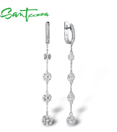 SANTUZZA  925 Sterling Silver Drop Earrings   White CZ  Long Dangling Earrings Fine Jewelry