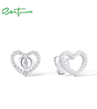 SANTUZZA 925 Sterling Silver Stud Earrings White CZ Open Heart Shaped Fine Jewelry