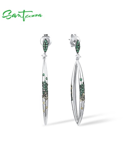 SANTUZZA Silver Earrings 925 Sterling Silver Green Spinel White CZ Geometric Dangling Earrings Jewelry