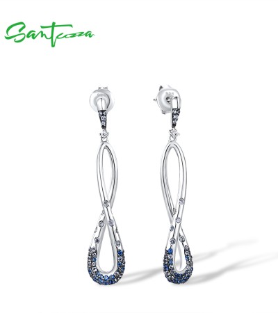 SANTUZZA Silver Earrings 925 Sterling Silver Blue Spinel White CZ Geometric Dangling Earrings Jewelry