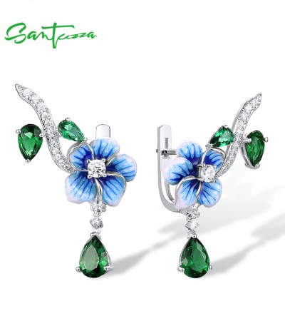 SANTUZZA 925 Sterling Silver Drop Earrings Green Stones White CZ Blue Flower Enamel Fine Jewelry