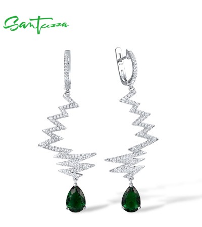 SANTUZZA 925 Sterling Silver Long Drop Earrings Green Glass White CZ Wave Shape Jewelry
