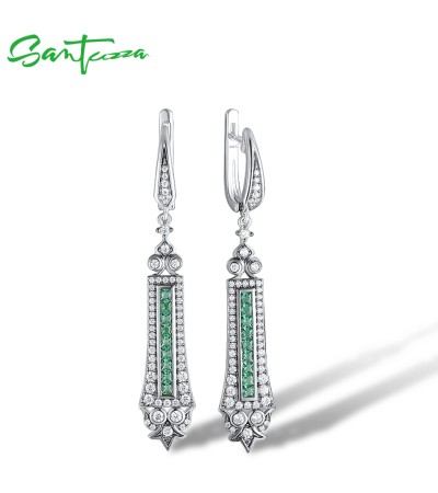 SANTUZZA 925 Sterling Silver Earrings Green Spinel White Cubic Zirconia Dangling Earrings Jewelry