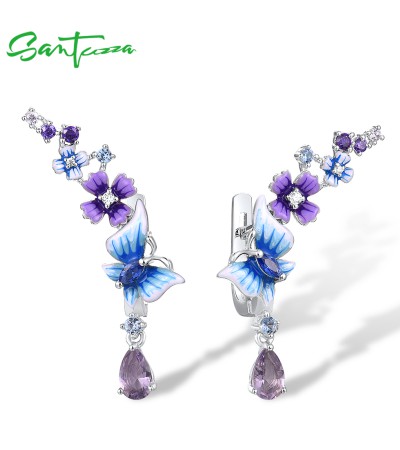 SANTUZZA 925 Sterling Silver Drop Earrings Purple Blue Stones Butterfly Flower Enamel Jewelry 