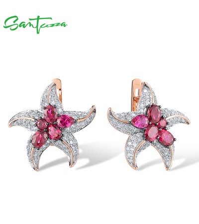 SANTUZZA 925 Sterling Silver Earrings Blue Pink Stone Sea Star Latch Back Ocean Fine Jewelry