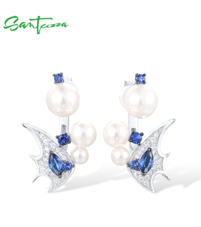 SANTUZZA 925 Sterling Silver Stud  Earrings Blue Stones White Shell Beads CZ Fish Fine Jewelry