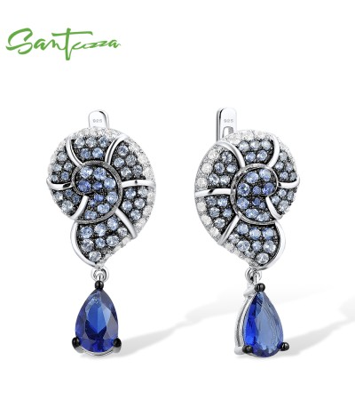 SANTUZZA 925 Sterling Silver Drop Earrings Blue White Cubic Zirconia Conch Shell Ocean Jewelry