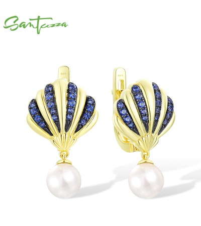 SANTUZZA 925 Sterling Silver Earrings White Shell Beads Blue Nano White Cubic Zirconia Shell Jewelry