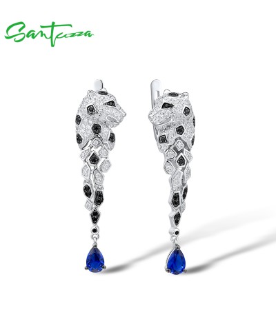 SANTUZZA 925 Sterling Silver Dangling Earrings For Women Leopard Blue Cubic Zirconia Animal Jewelry