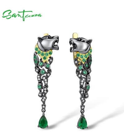 SANTUZZA 925 Sterling Silver Earrings Black Color Leopard Green Spinel Animal Fine Jewelry