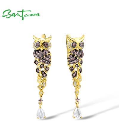 SANTUZZA 925 Sterling Silver Earrings Gold Color Chocolate CZ Owl Drop Earrings Fine Jewelry