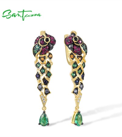 SANTUZZA 925 Sterling Silver Drop Earrings Gold Color Green Spinel Colorful Parrot Bird Animals Fine Jewelry