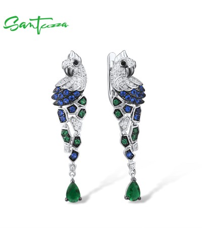 SANTUZZA 925 Sterling Silver Earrings Parrot Birds Blue Green CZ Drop Earrings Fine Jewelry