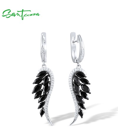 SANTUZZA 925 Sterling Silver Earrings Black Spinel White CZ Angel Wings Drop Earrings Fine Jewelry