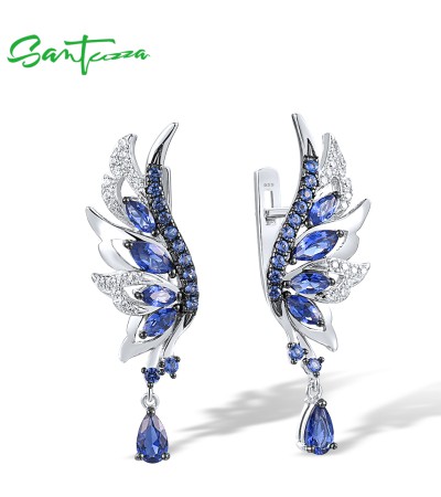 SANTUZZA 925 Sterling Silver Earrings Sparkling Blue White CZ Angel Wings Jewelry