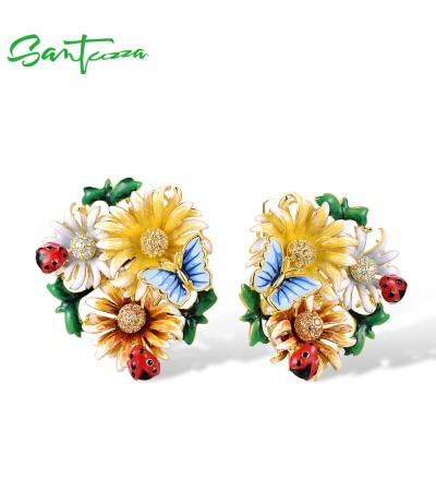 SANTUZZA 925 Sterling Silver Earrings Yellow Champagne CZ Flower Cluster Butterfly Jewelry Enamel